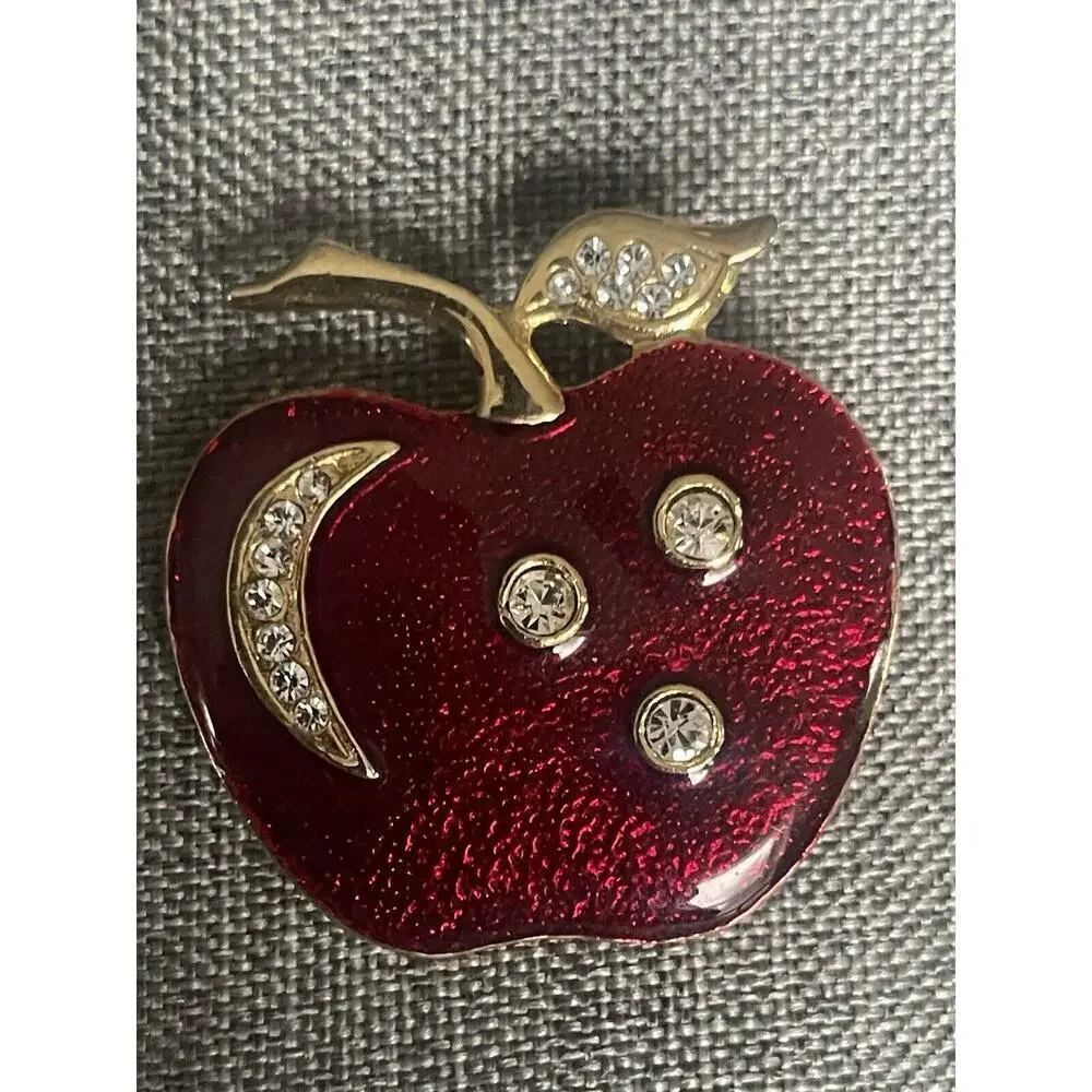 Vintage Enamel Red Apple Brooch Pin Rhinestone Teacher New York